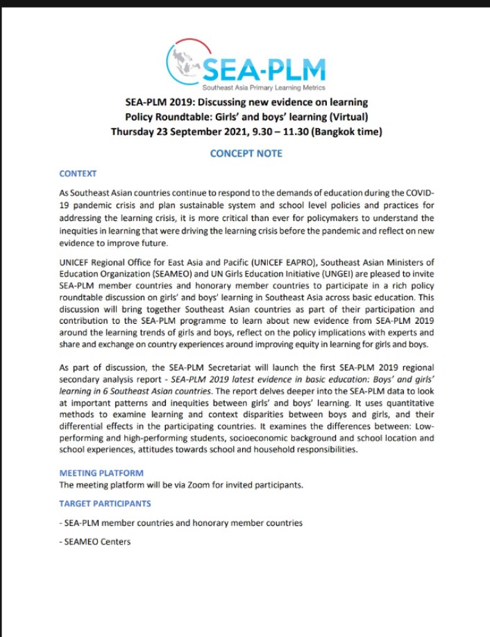 Cover image for SEA-PLM 2019: Discussing New Evidence on Learning| Policy Roundtable: Girls and boys' Learning (Virtual) bibliographic
