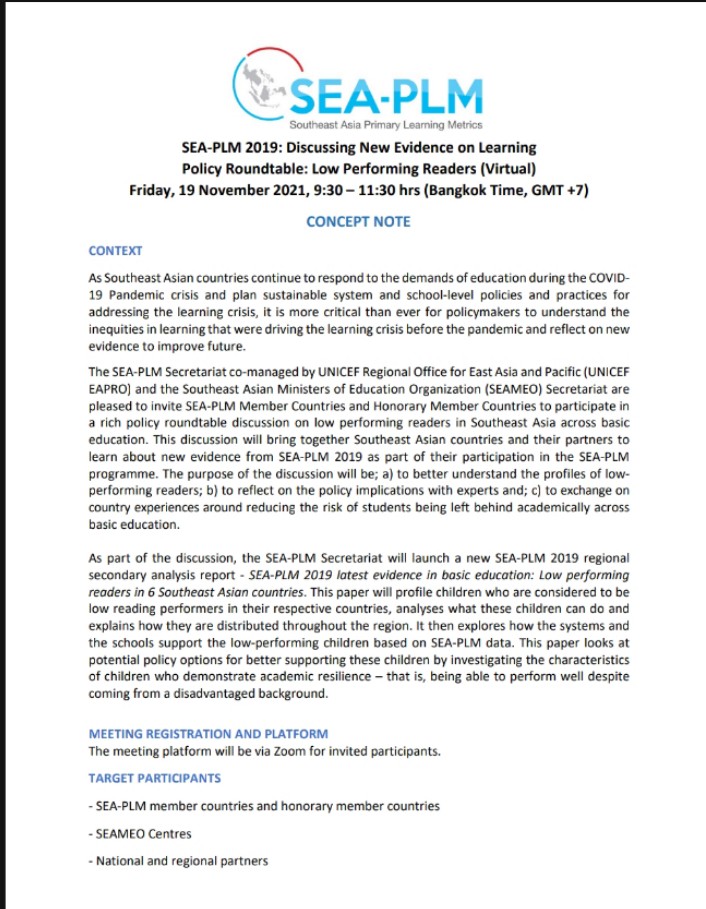 Cover image for SEA-PLM 2019: Discussing New Evidence on Learning Policy Roundtable: Low Performing Readers (Virtual) bibliographic