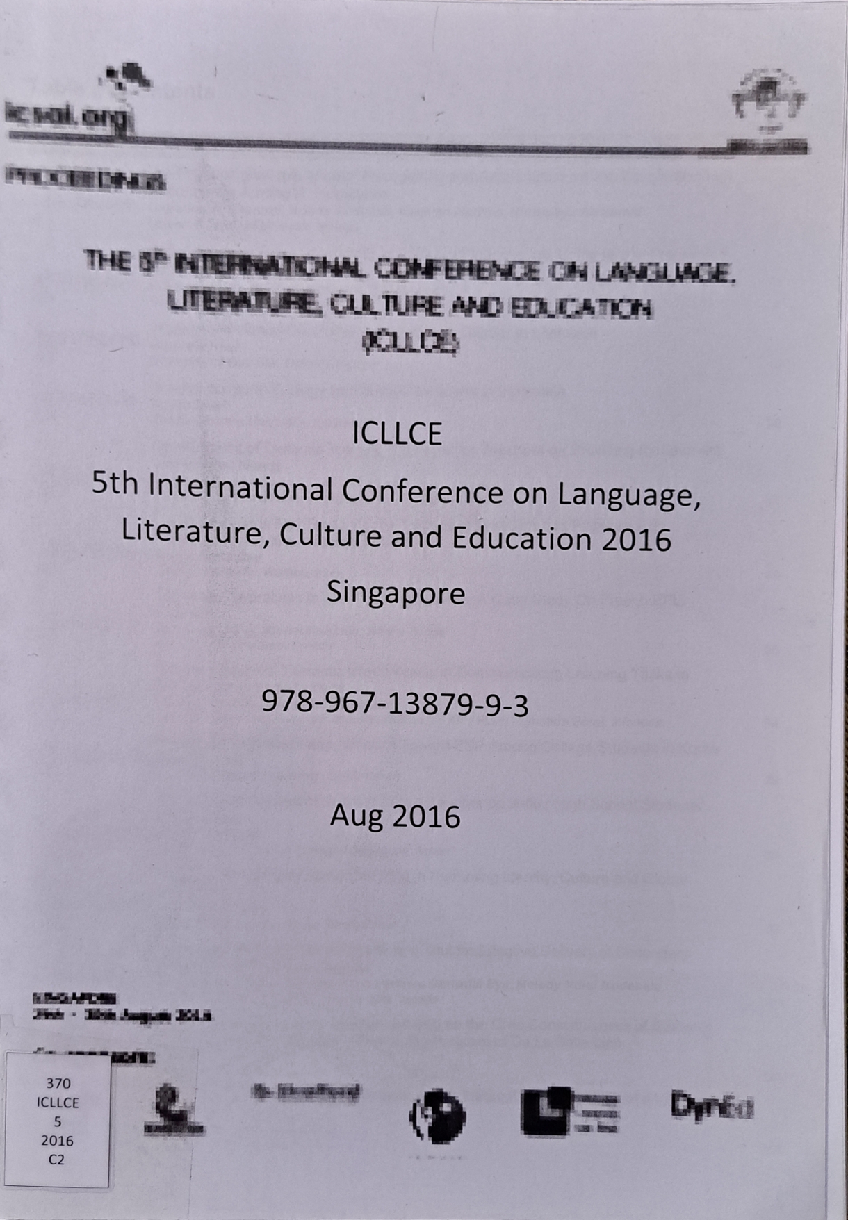 Cover image for 5th International conference on language, literature, culture and education 2016 Singapore (ICLLCE) / Aug 2016 bibliographic