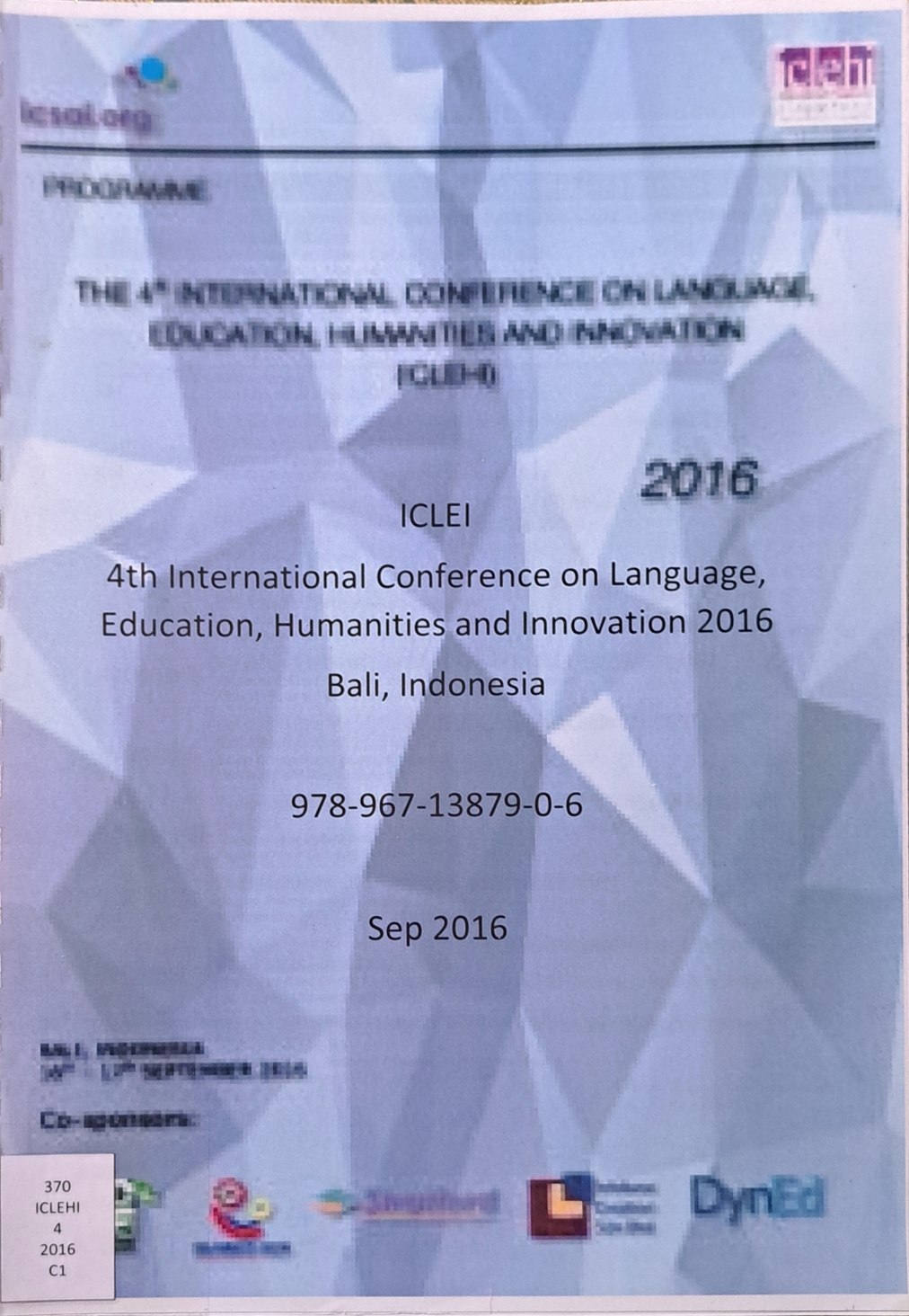Cover image for 4th International conference on language, education, humanities and innovation 2016 Bali, Indonesia (ICLEHI) / Sep 2016 bibliographic