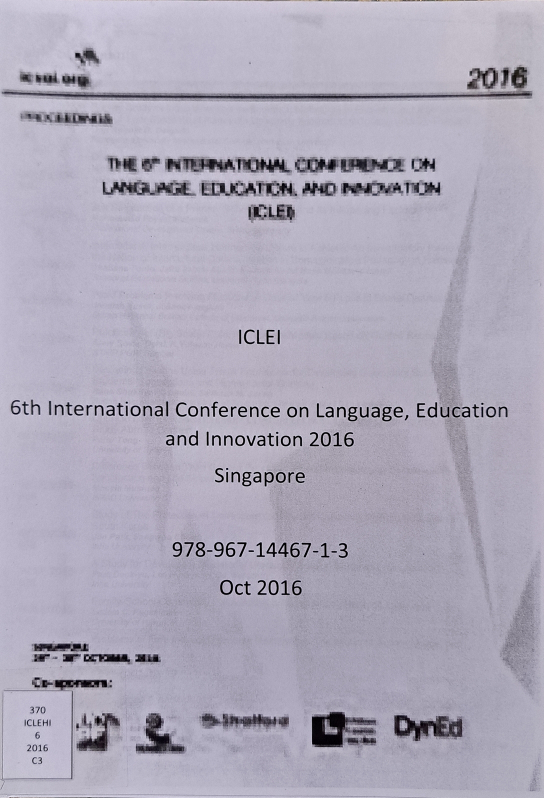 Cover image for 6th International conference on language, education, humanities and innovation 2016 Singapore (ICLEHI) / Oct 2016 bibliographic