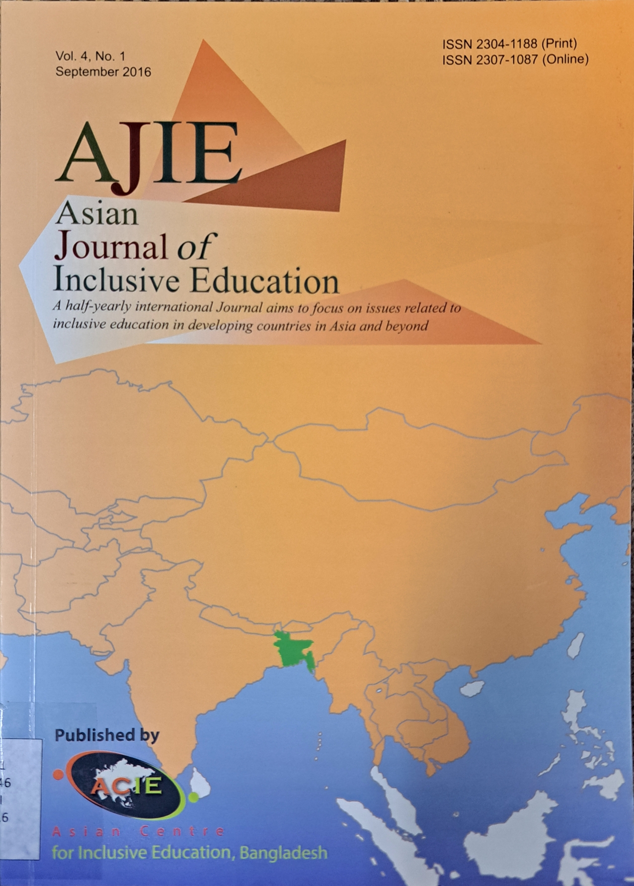 Cover image for Asian journal of inclusive education vol. 4 no 1 / Sep 2016 bibliographic
